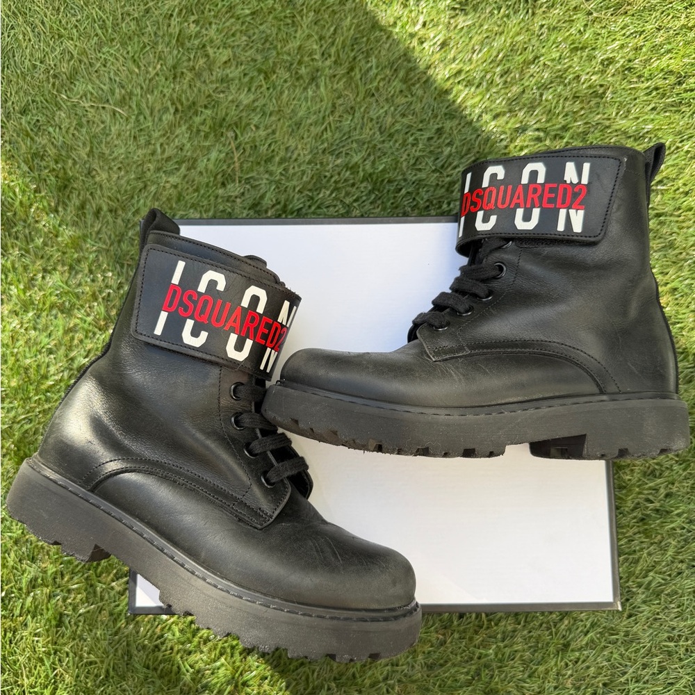 DSQUARED2  Junior Icon Combat Black Leather Boots Lace Up Kids Runner size 32
